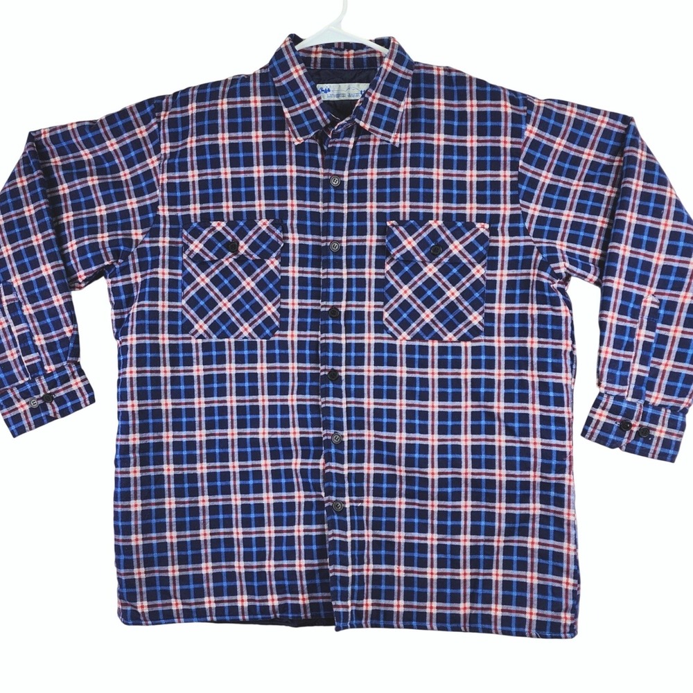 VTG Lumber Jack Plaid Flannel Quilted Lined Shirt  Mens‎ XL Blue Trucker Shacket